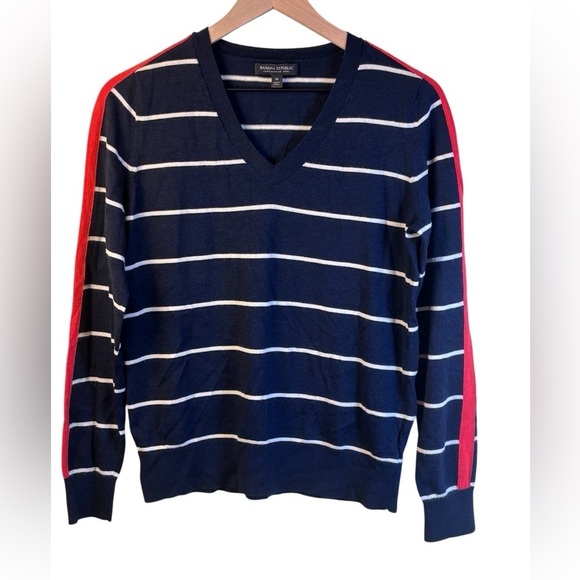 Banana Republic Sweaters - Banana Republic Navy and Red Striped V-Neck Sweater